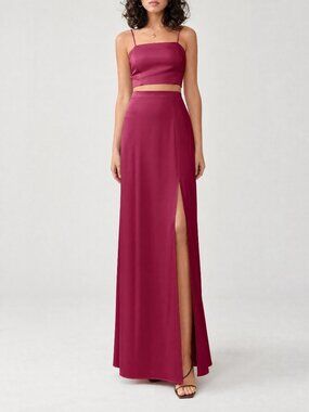 Fame & Partners Burgundy Satin Two-Piece Set | Straight Neck Crop Top & High Sli
